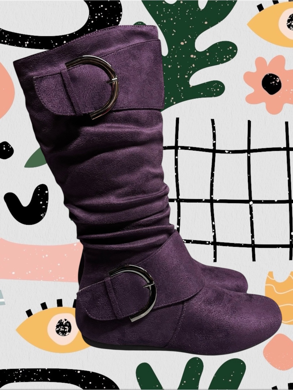 Top Moda | Bank-81 Purple Faux Suede Slouchy Round Toe Boots